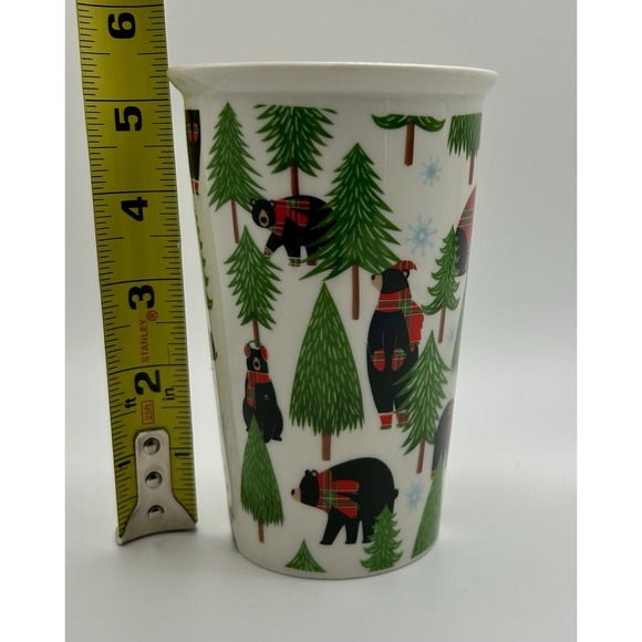 DEI Christmas Bear Mug Plaid Scarf Black Bears & Pine Trees Holiday Coffee Cup - Picture 8 of 8